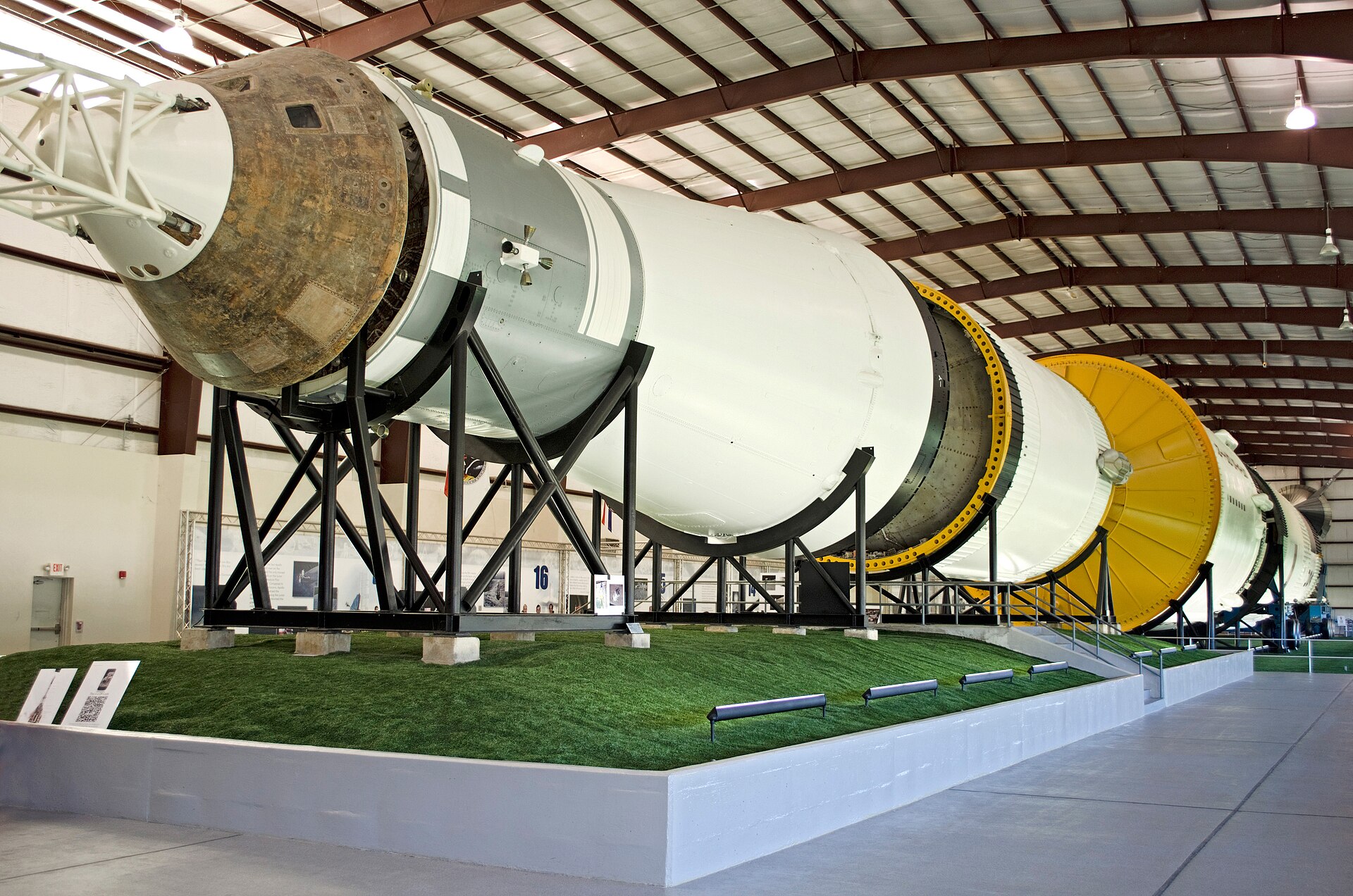 The Saturn V rocket lying on its side inside the exhibition hall at Space Center Houston, Johnson Space Center