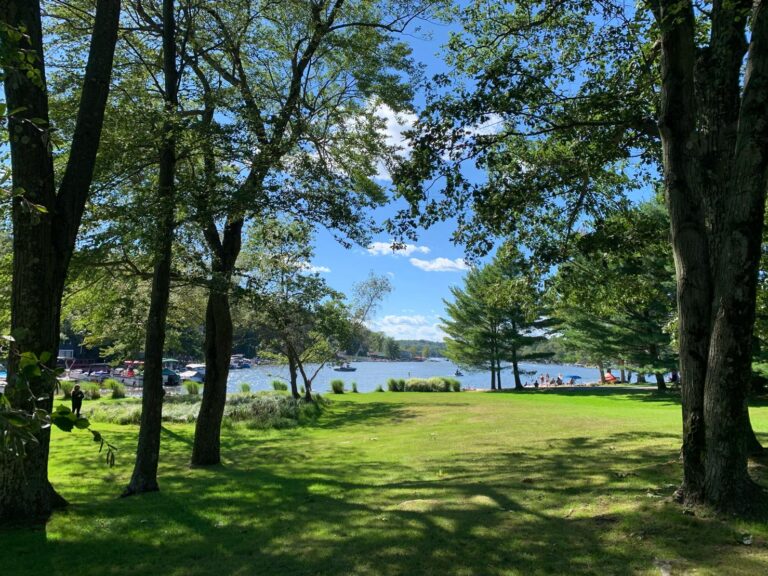 Lake Harmony, Pennsylvania seen through tall trees from a lakeside lawn on a sunny summer day, with boats on the water